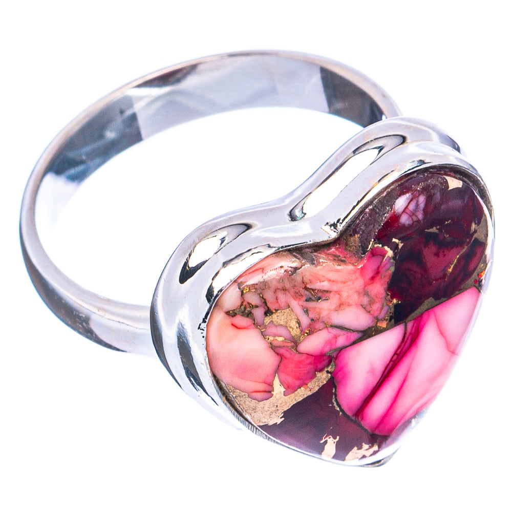 Sterling silver heart ring side view, pink and burgundy inlay with gold flecks
