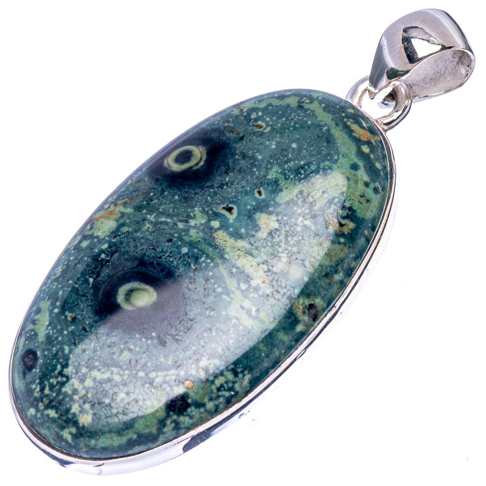 Oval Kambaba jasper pendant, teal and green speckles with circular motifs, sterling silver