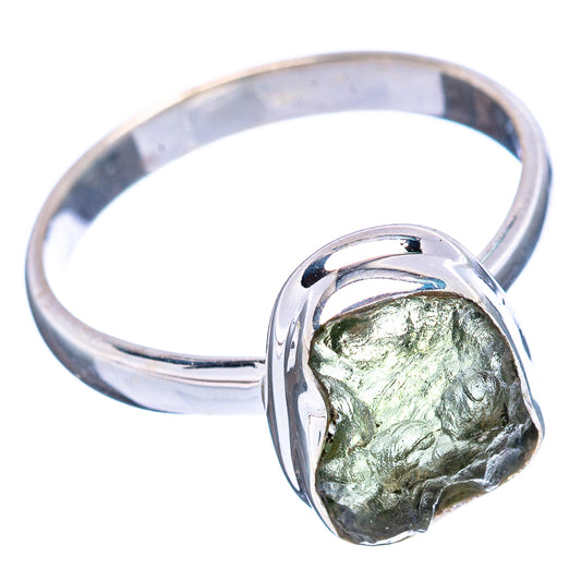 Sterling silver ring with green rough teardrop stone, bezel set, size 7.75