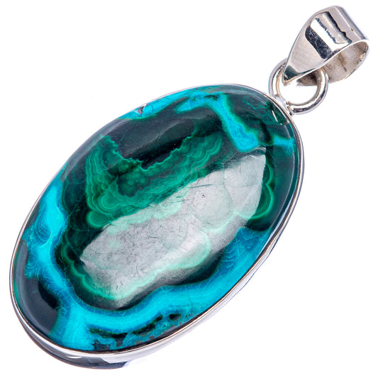 Oval malachite chrysocolla pendant, teal green with white band, silver setting