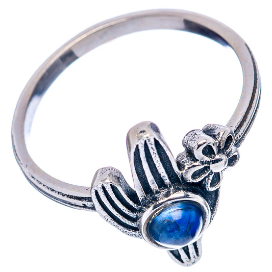 Sterling silver cactus ring with blue cabochon, detailed band and flower top
