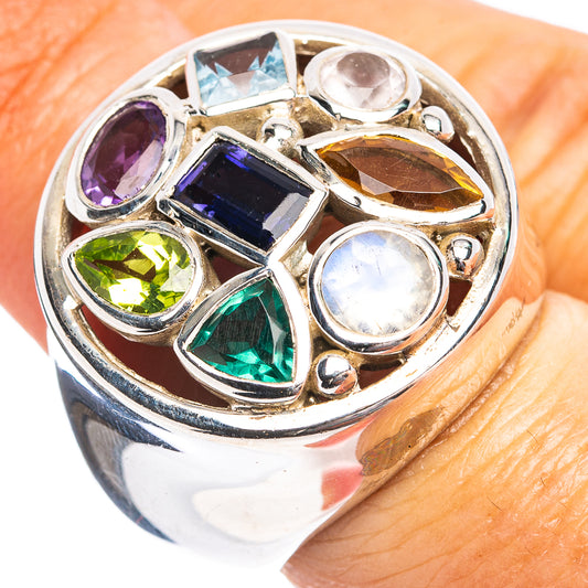 Sterling silver multi-gemstone ring with blue, purple, green, and clear stones