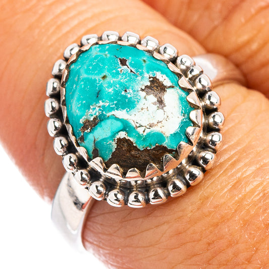 Turquoise cabochon ring with sterling silver bead band, size 7.75