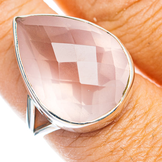 Teardrop faceted rose quartz ring with .925 sterling silver bezel, close-up