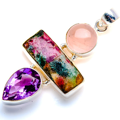 Natural Tourmaline, Amethyst, Rose Quartz Pendant 2" (925 Sterling Silver) PD38179