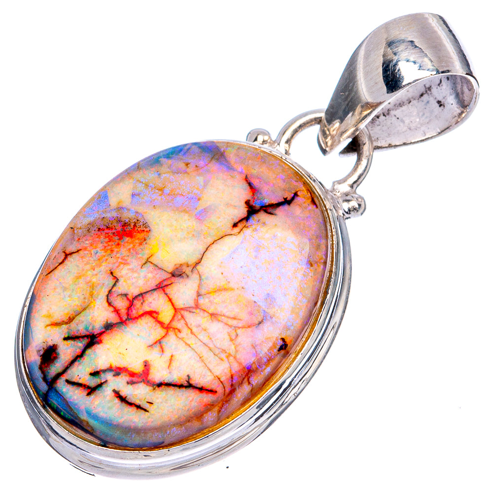 Oval multicolor opal cabochon pendant with polished 925 sterling silver top loop