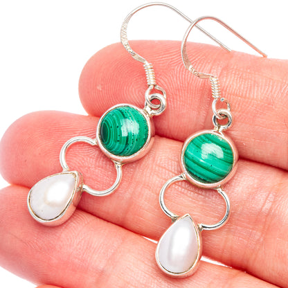 Malachite, Cultured Pearl Earrings 1 5/8" (925 Sterling Silver) E433453