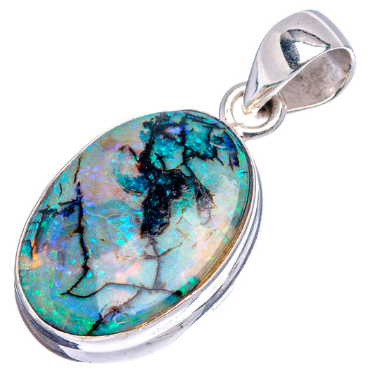 Oval sterling silver opal pendant with turquoise-blue iridescent stone and bail