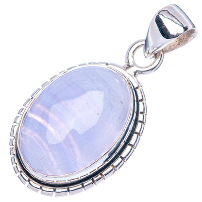 Oval blue lace agate pendant with polished 925 sterling silver frame and hanging loop