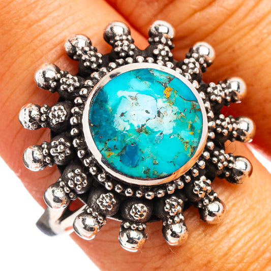 Turquoise inlay sterling silver ring with round bezel and spiked cluster crown