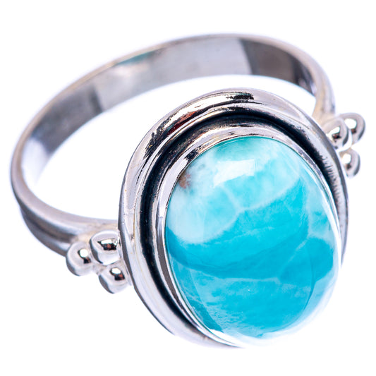 Sterling silver larimar ring, round turquoise stone in dark bezel, size 8