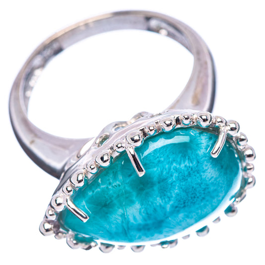 Sterling silver larimar oval ring with turquoise cabochon and raised beaded edge