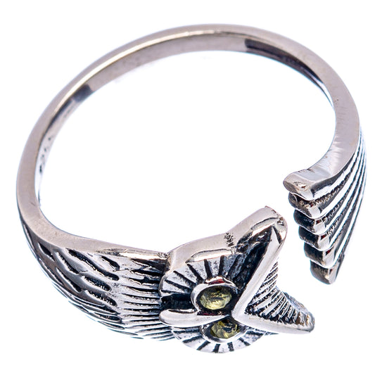 Sterling silver owl ring with green center stones, detailed openwork wing sides