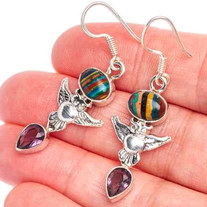 Rainbow Calsilica Owl, Amethyst Earrings 1 3/4" (925 Sterling Silver) E433466