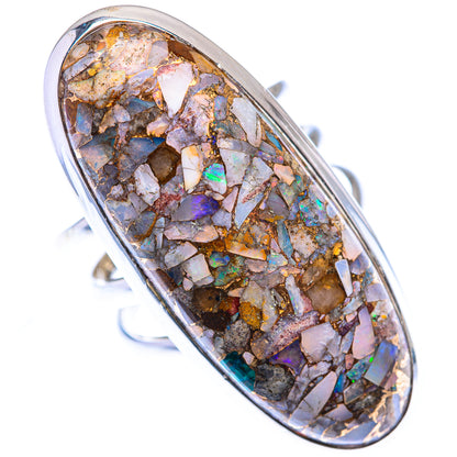 Sterling silver bezel-set oval opal mosaic ring, multicolor iridescent stone inlay