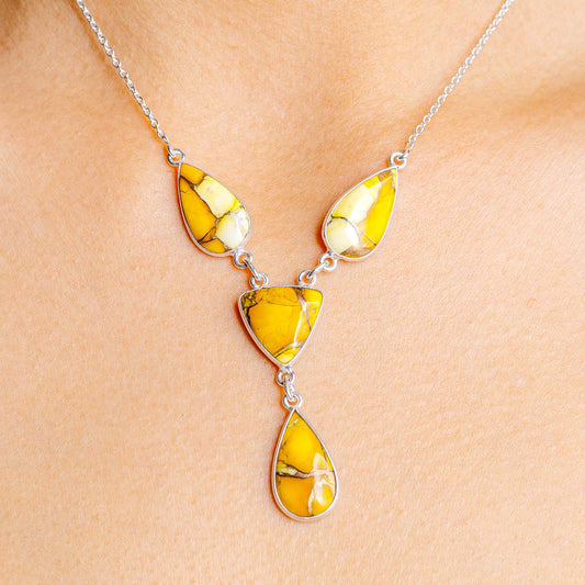 925 sterling silver necklace with five yellow teardrop inlay pendants and chain