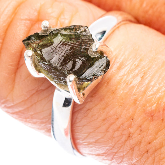 Sterling silver moldavite ring with green crystal bezel, size 8.5