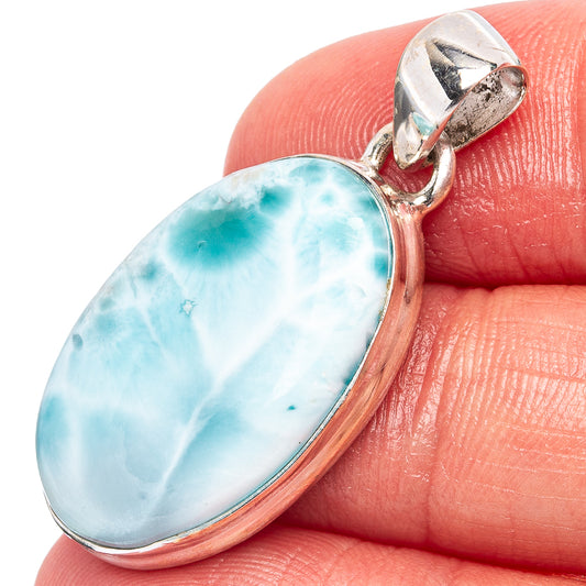 Larimar oval pendant in .925 sterling silver with open top bail and bezel setting