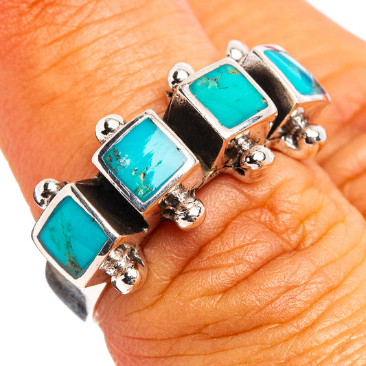 Turquoise inlay sterling silver ring with three square stones