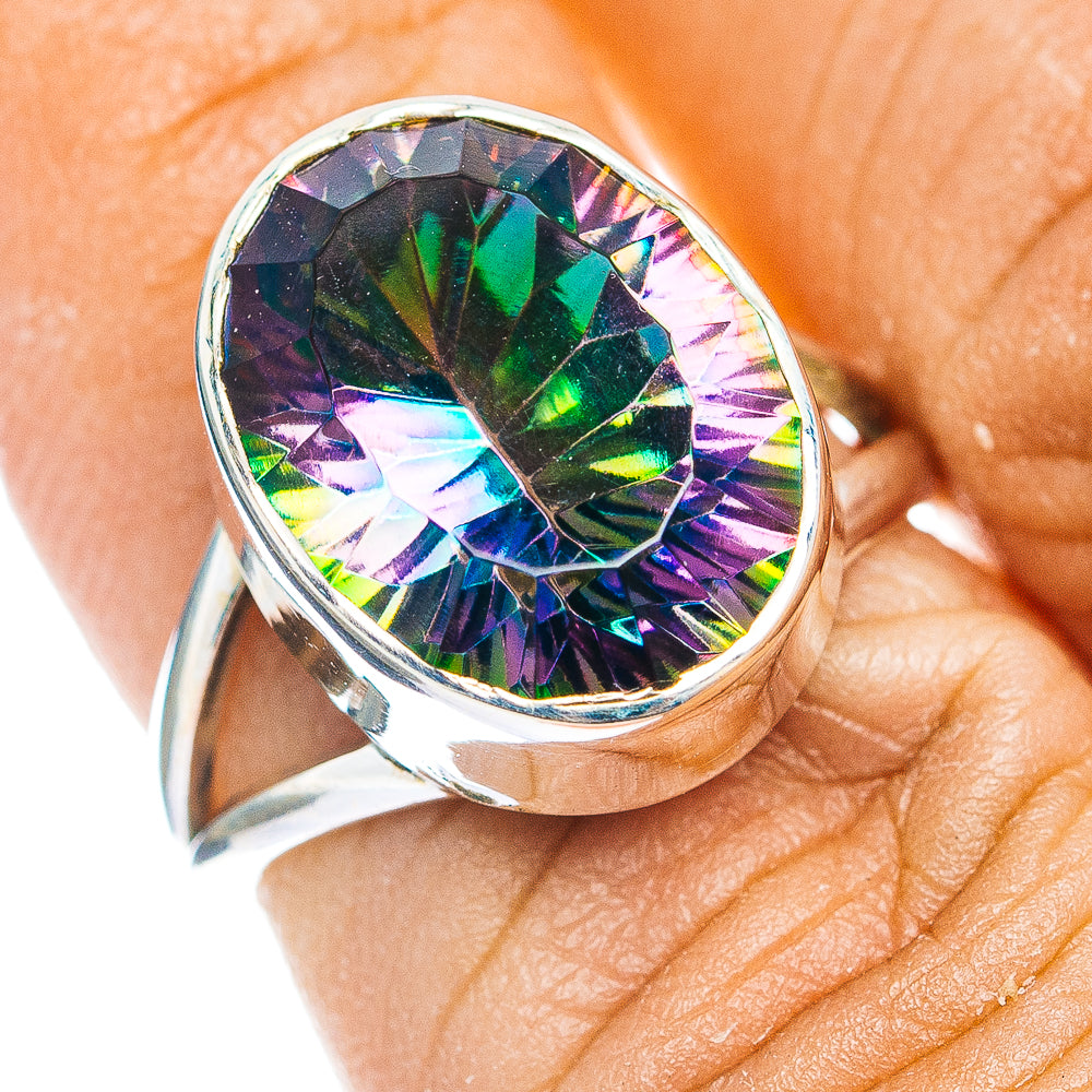 Oval mystic topaz ring, polished .925 sterling silver, prong-set with rainbow facets
