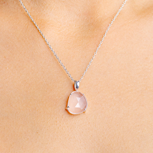 Rose quartz pendant necklace with oval pink stone on .925 sterling silver chain