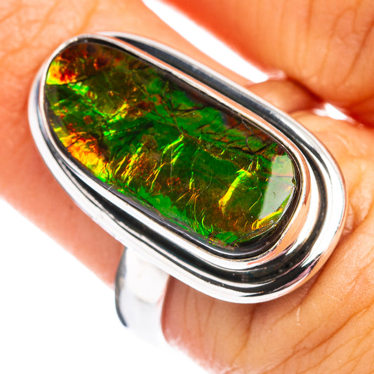 Oval ammolite ring in .925 sterling silver with bright green iridescent stone