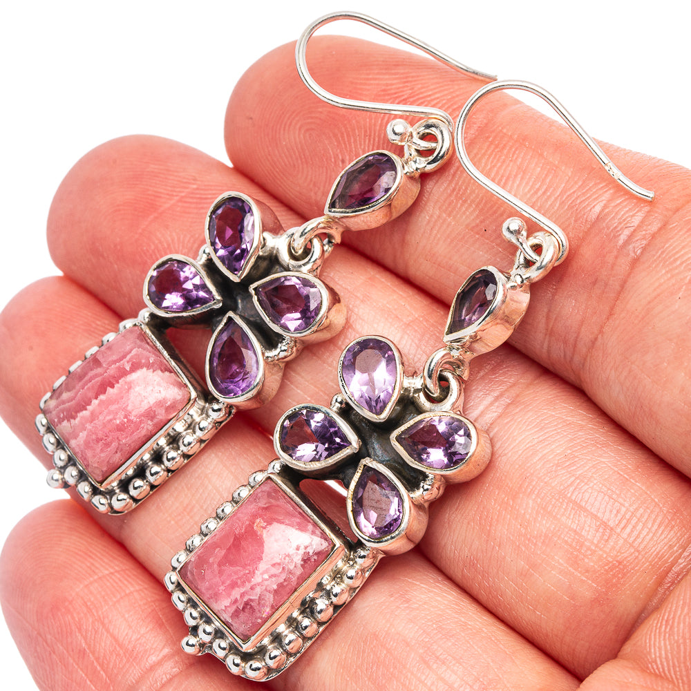 Sterling silver earrings with rhodochrosite squares and amethyst petal cluster, drop