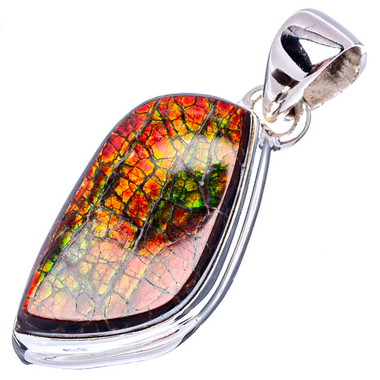 Ammolite teardrop pendant with .925 sterling silver frame and bail, rainbow orange-green flash