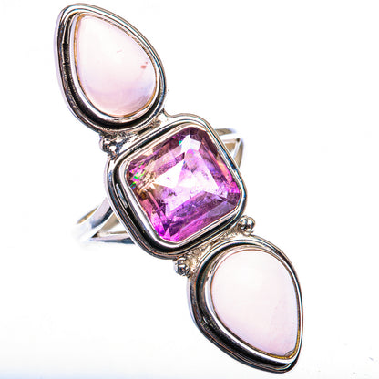 Sterling silver ring featuring a purple square amethyst center with pink oval rose quartz sides