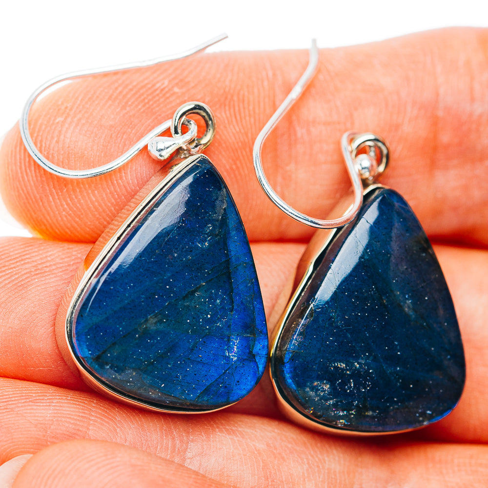 Labradorite teardrop earrings with blue gemstone cabochons and silver-tone hooks