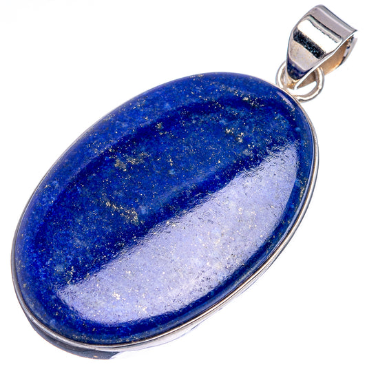 Lapis lazuli oval pendant in silver bezel with prominent blue streak, hinged bail
