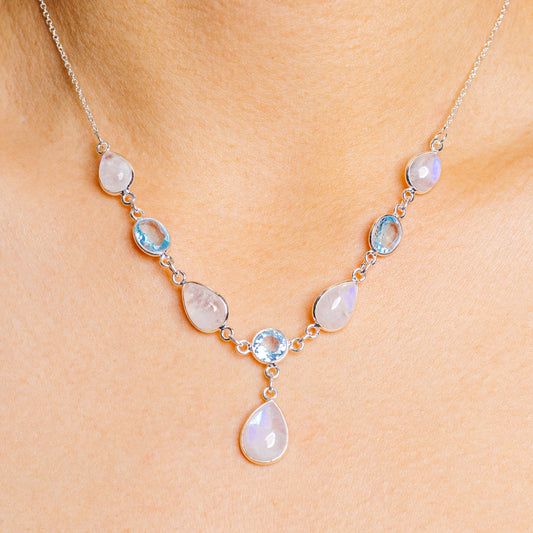 Sterling silver necklace with oval moonstone and blue topaz cabochon pendants
