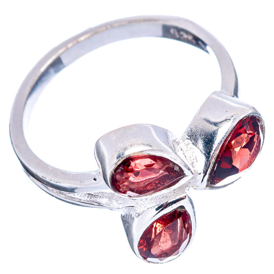 Sterling silver dainty ring with three red garnet teardrop gemstones, size 6.5