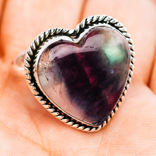 Premium Rainbow Fluorite Heart Ring Size 9.5 (.925 Sterling Silver)