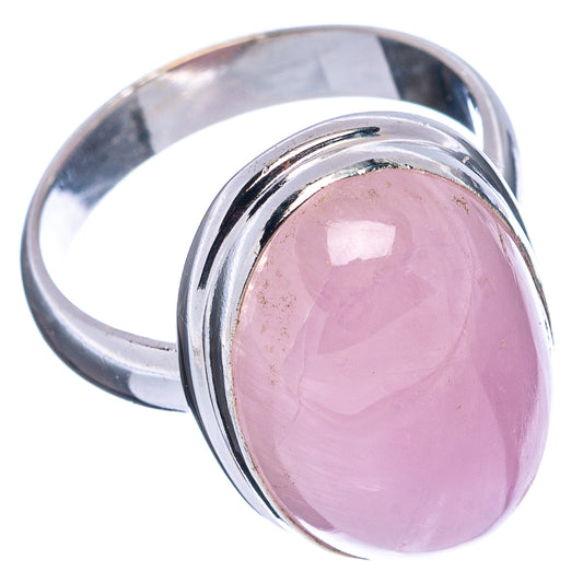 Sterling silver ring with pink round-oval kunzite cabochon, side view