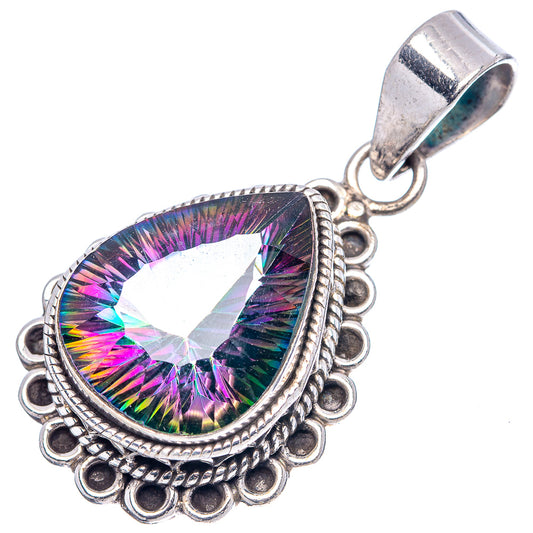 Iridescent rainbow pear-shaped pendant with raised bezel and loop bail, sterling silver