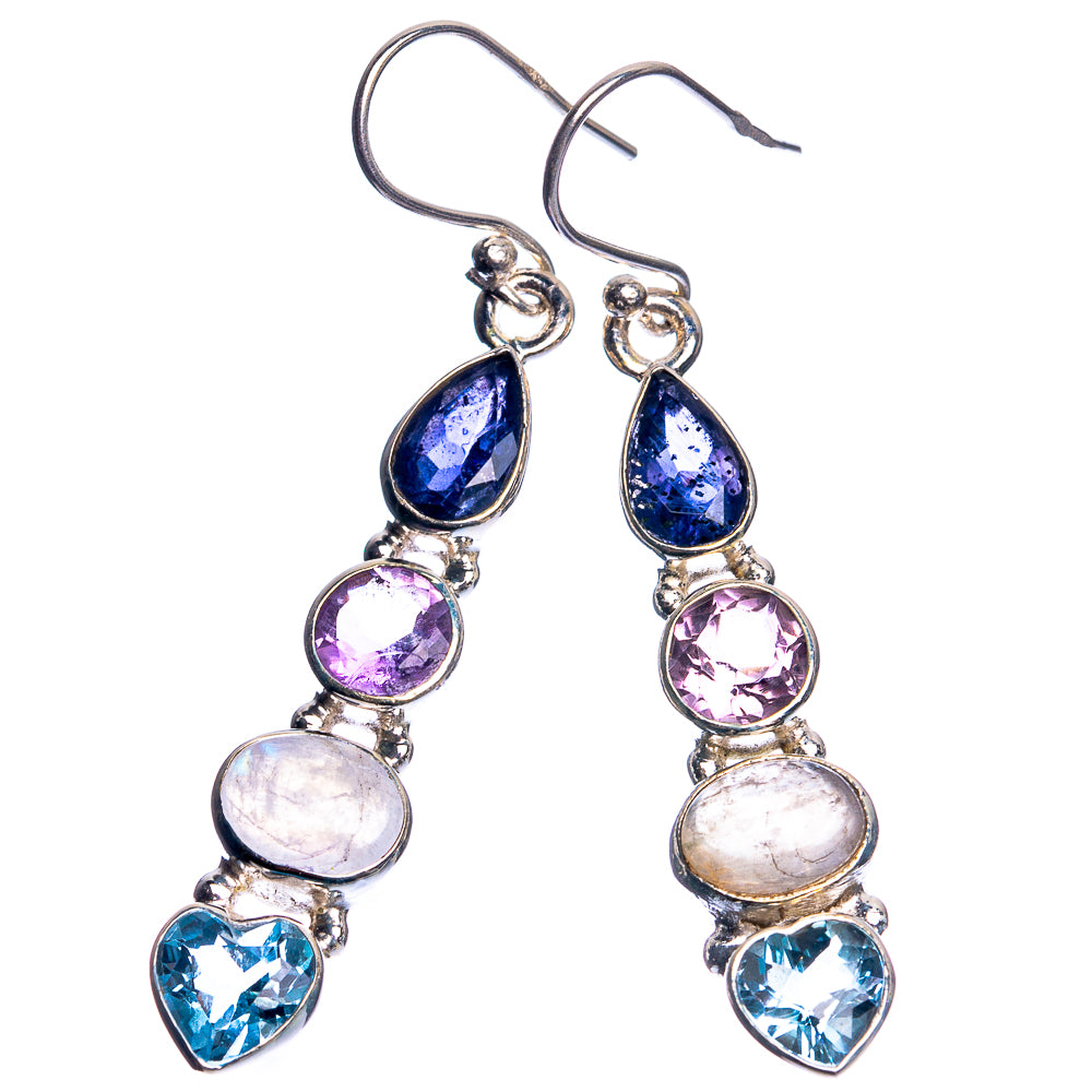 Pair of sterling silver dangling earrings with blue top and purple, white, light-blue stones