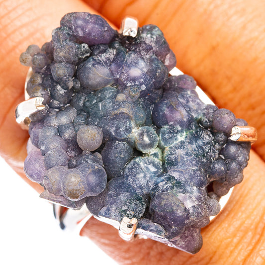 Size 9.5 sterling silver ring with druzy grape agate cluster, dark purple and blue