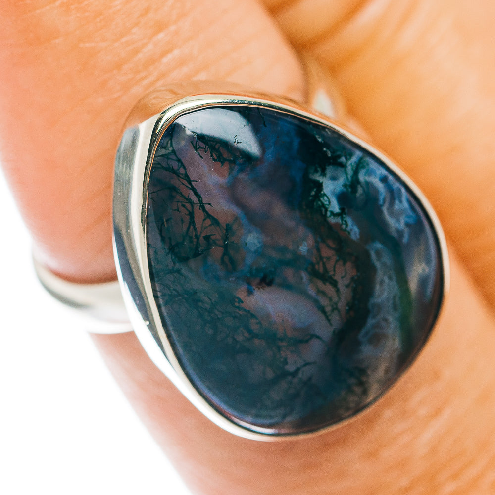 Moss agate gemstone ring with dark teal blue marbled stone in silver-tone band