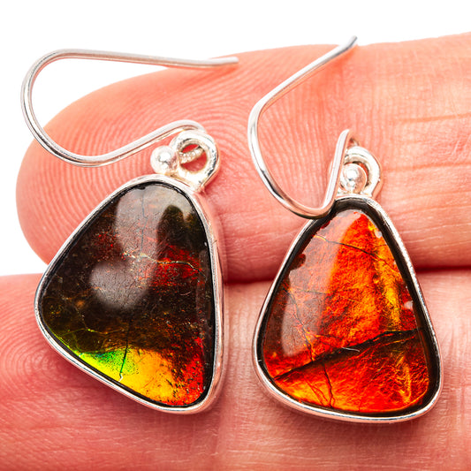 Triangular ammolite drop earrings with sterling silver hooks, multicolor red-orange-green