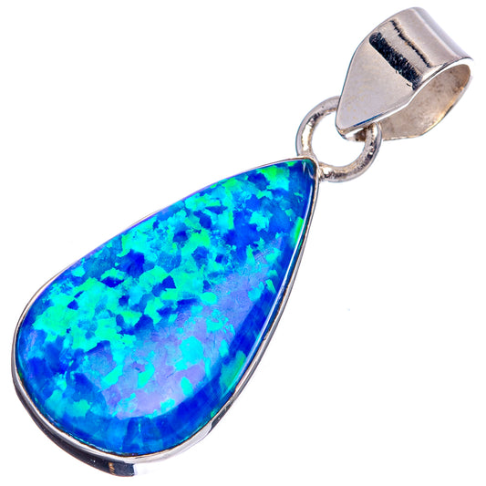 Sterling silver lab opal pendant with bail, teardrop blue-green iridescent stone