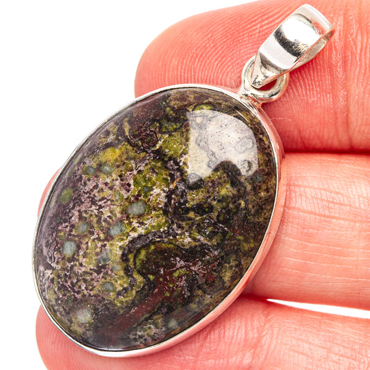 Oval dragon's blood stone pendant in .925 sterling silver bezel, multicolor green purple.