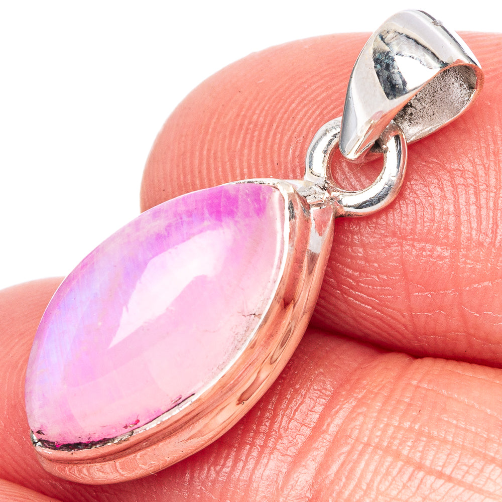 Pink moonstone teardrop pendant with 925 sterling silver bezel and bail