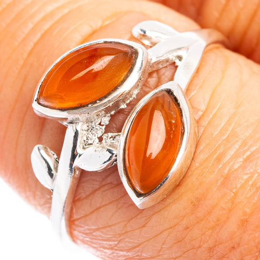 Sterling silver leaf ring with two oval carnelian-orange stones, size 8