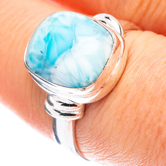 Oval blue larimar cabochon ring in .925 sterling silver bezel, close-up