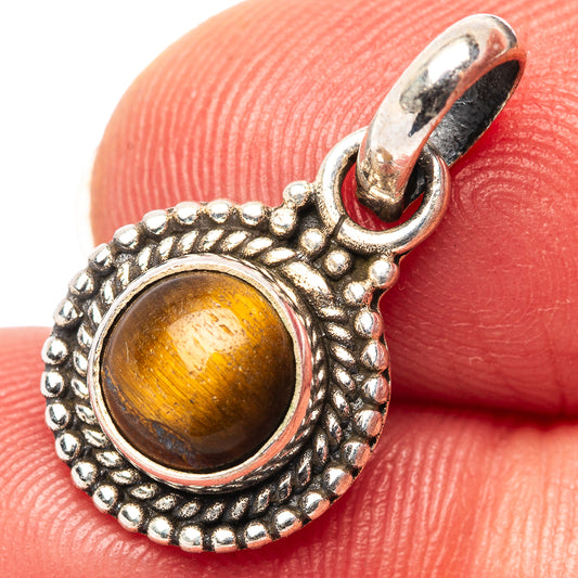 Sterling silver tiger's eye pendant with round amber-gold gemstone and bail, textured border