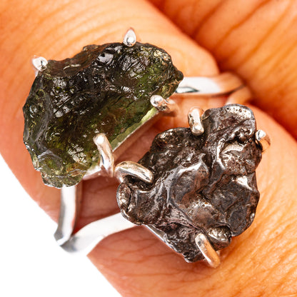 Rare Moldavite, Campo del Cielo Meteorite Ring Size 8 (.925 Sterling Silver)