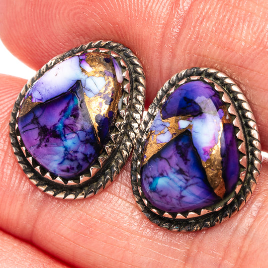 Oval purple-blue turquoise gemstone stud earrings with twisted rope sterling silver bezel