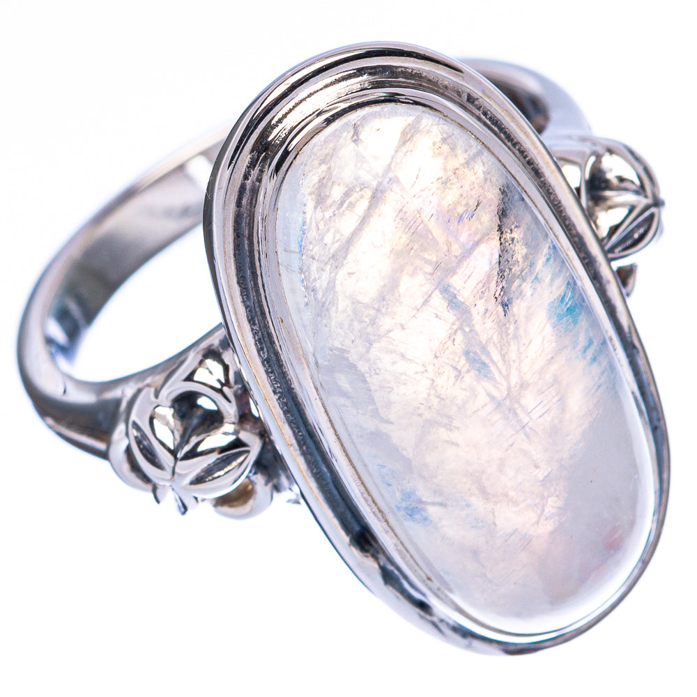 925 sterling silver oval moonstone ring, side view, polished band with floral motifs