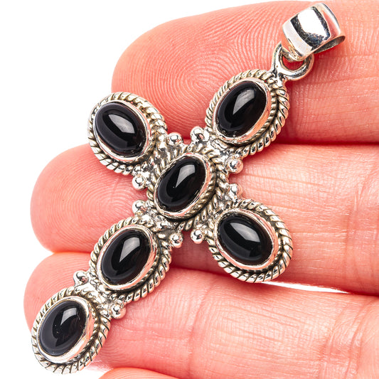 Black onyx cross pendant in 925 sterling silver, oval black stones in a cross setting